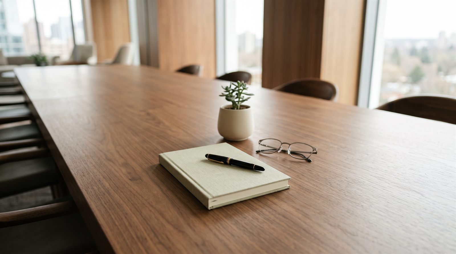A quiet room set for considered conversation